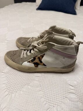 Golden Goose Mid-Top Sneakers in White, Taupe & Purple with Leopard Star
